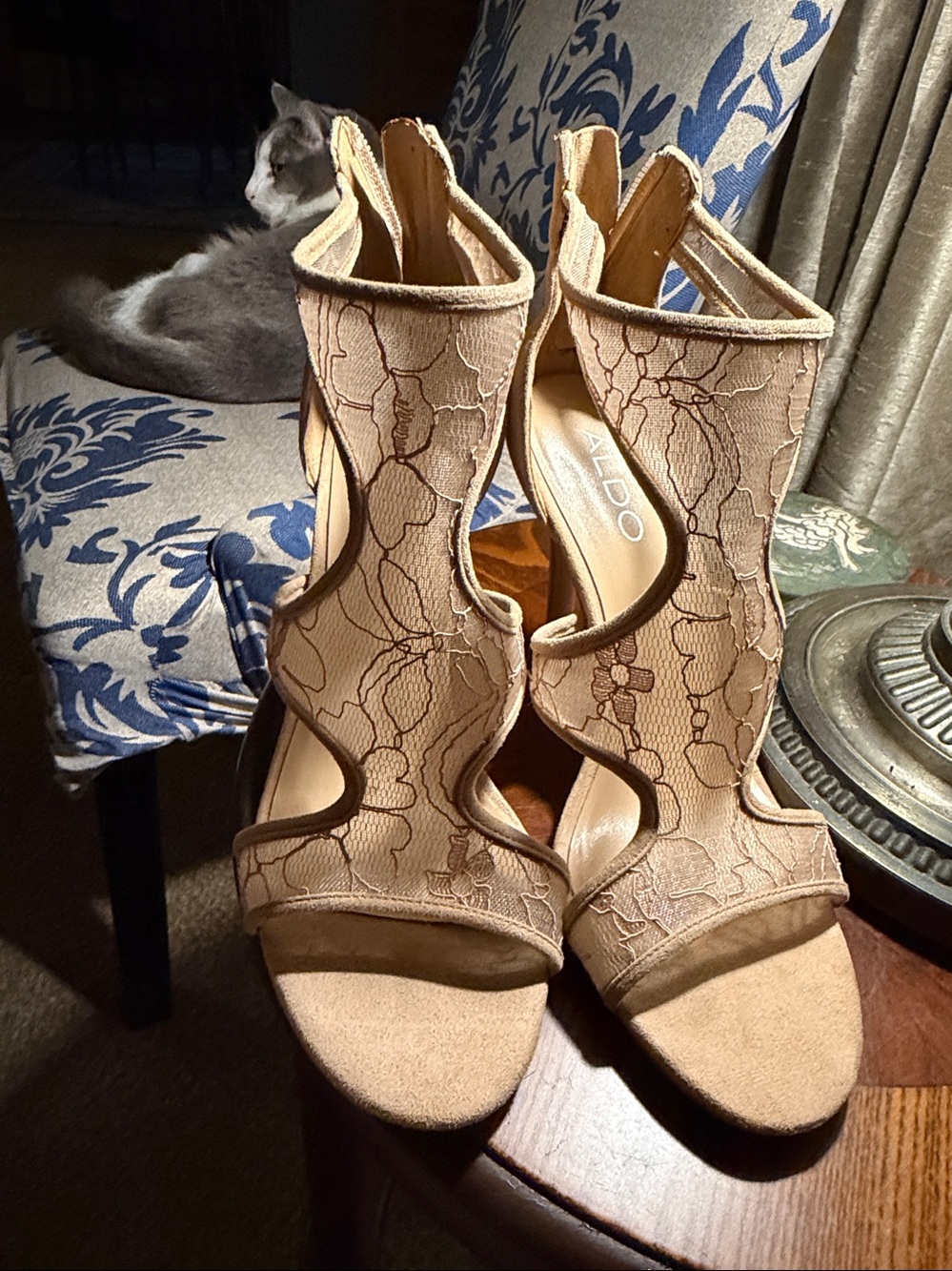 Aldo Lace Cutout Strappy Block Heel Sandals - Beige